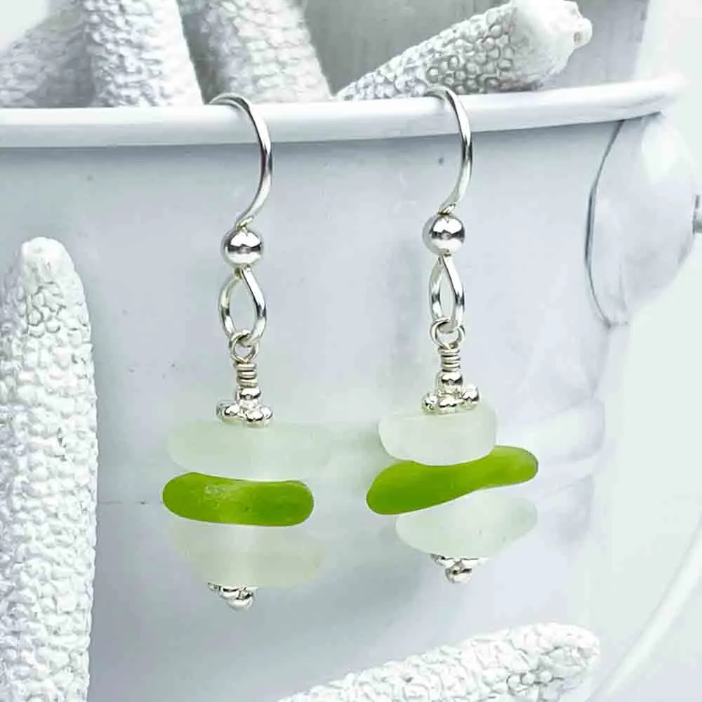 Lime Green and Clear Sea Glass Sea Stack Earrings | #1764
