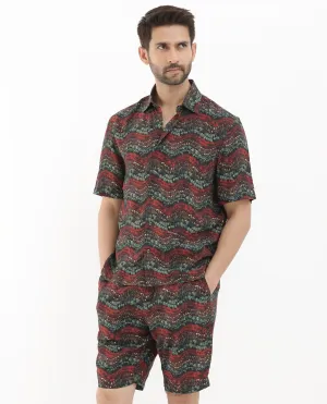 Rare Rabbit Men's Fraks Brown Viscose Fabric Half Sleeves Boxy Fit Tropical Print Shirt