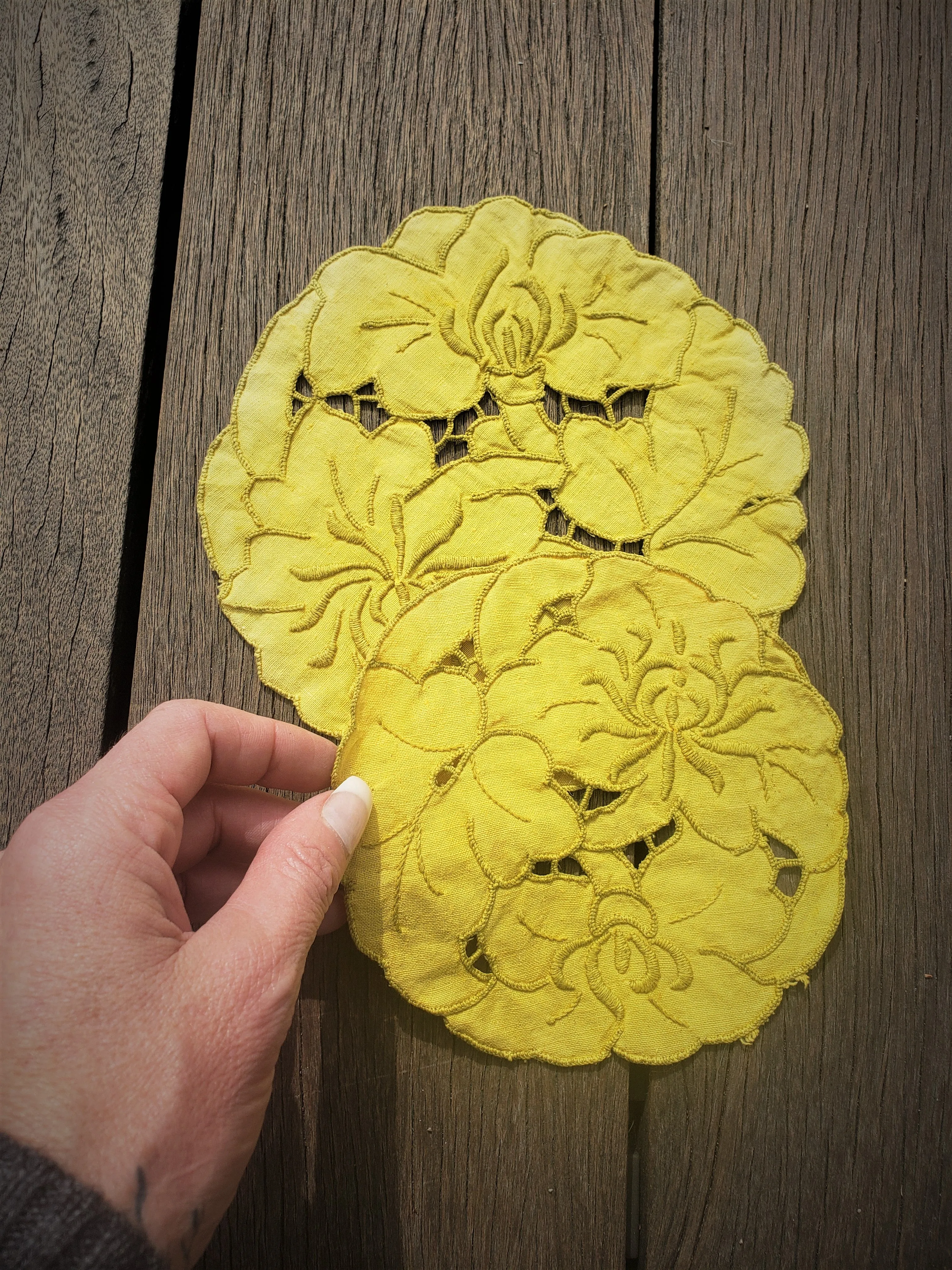 Set of Two Hand Plant Dyed Vintage Doilies in Sunny Yellow