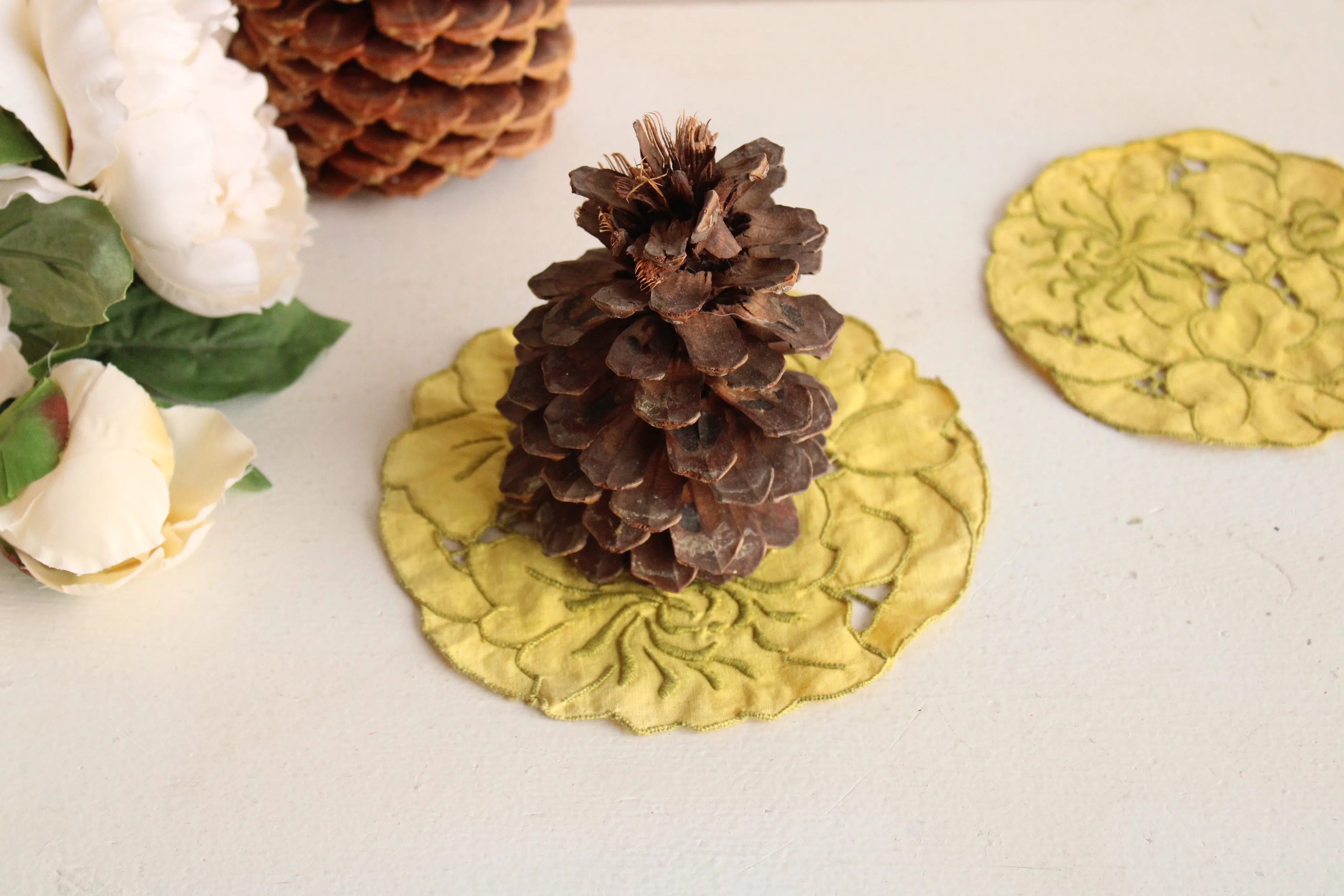 Set of Two Hand Plant Dyed Vintage Doilies in Sunny Yellow