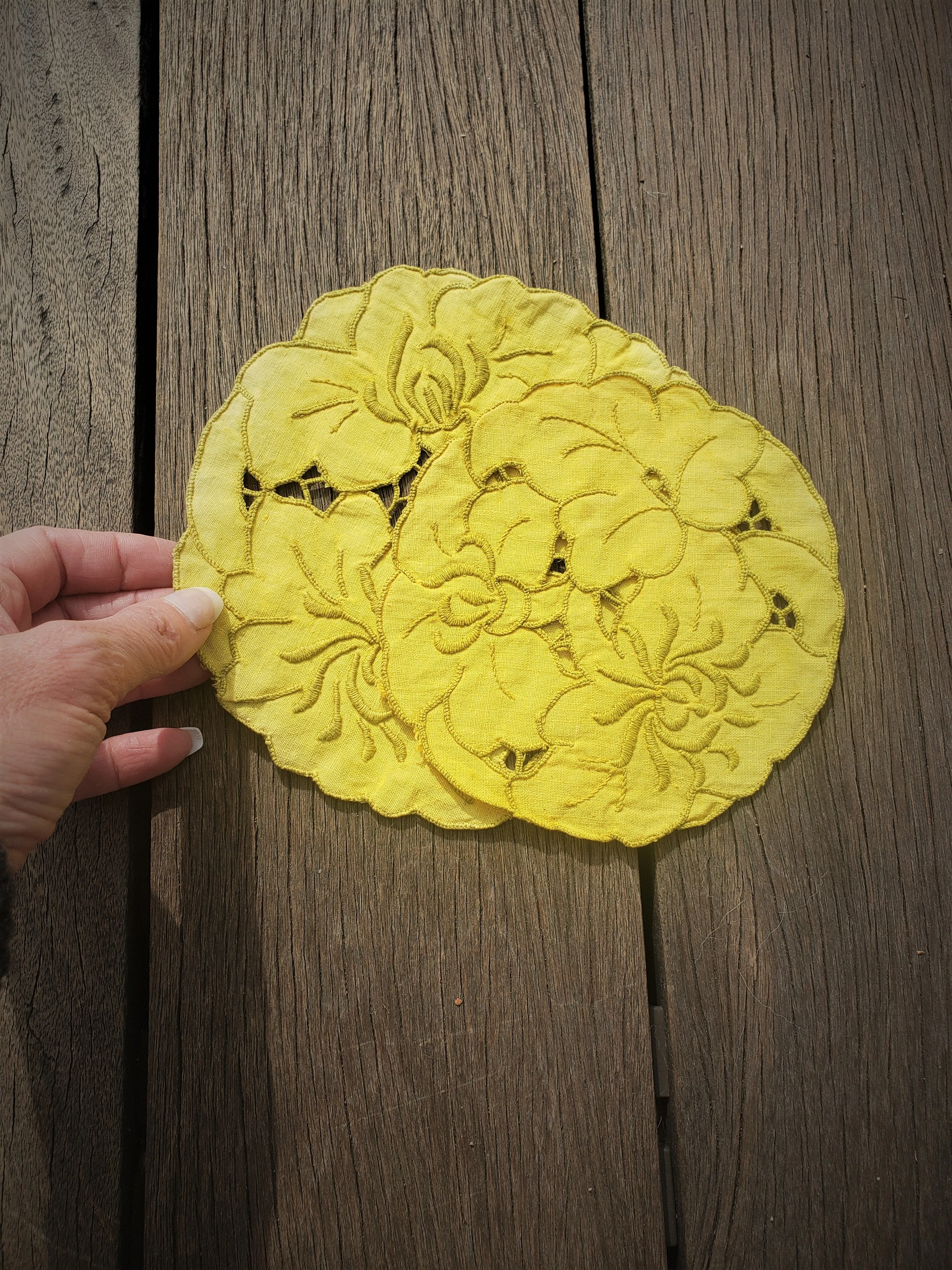 Set of Two Hand Plant Dyed Vintage Doilies in Sunny Yellow