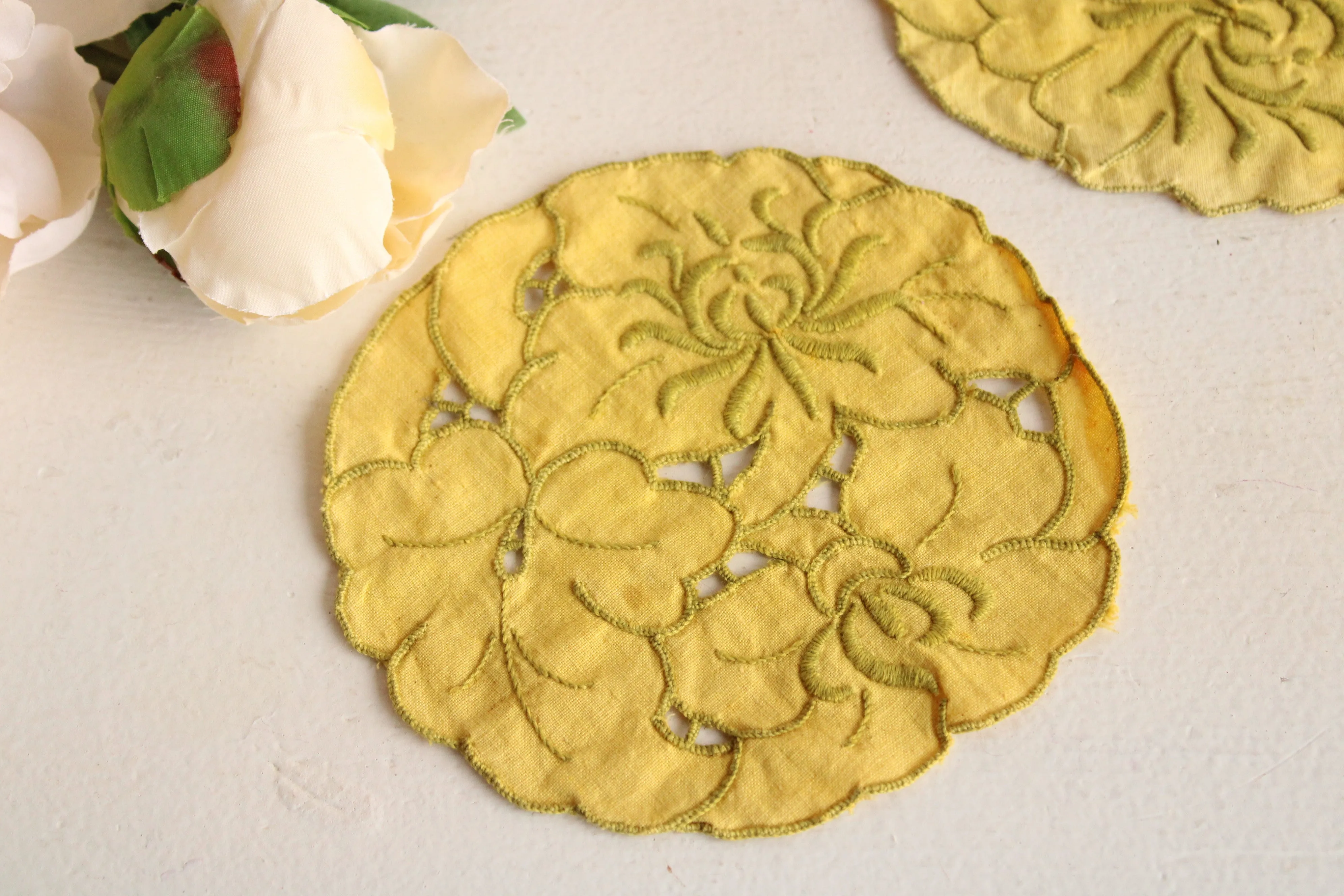 Set of Two Hand Plant Dyed Vintage Doilies in Sunny Yellow