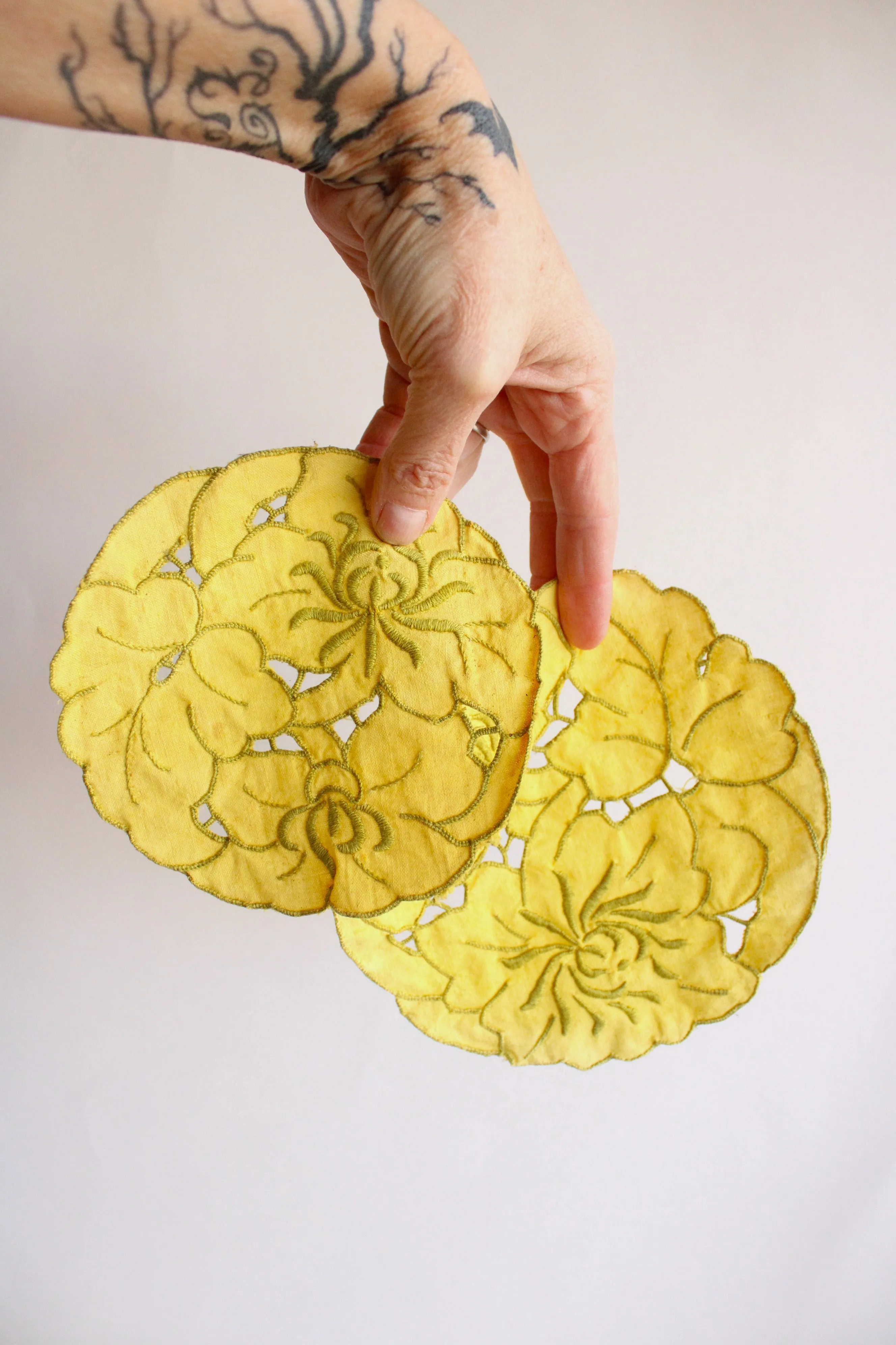 Set of Two Hand Plant Dyed Vintage Doilies in Sunny Yellow