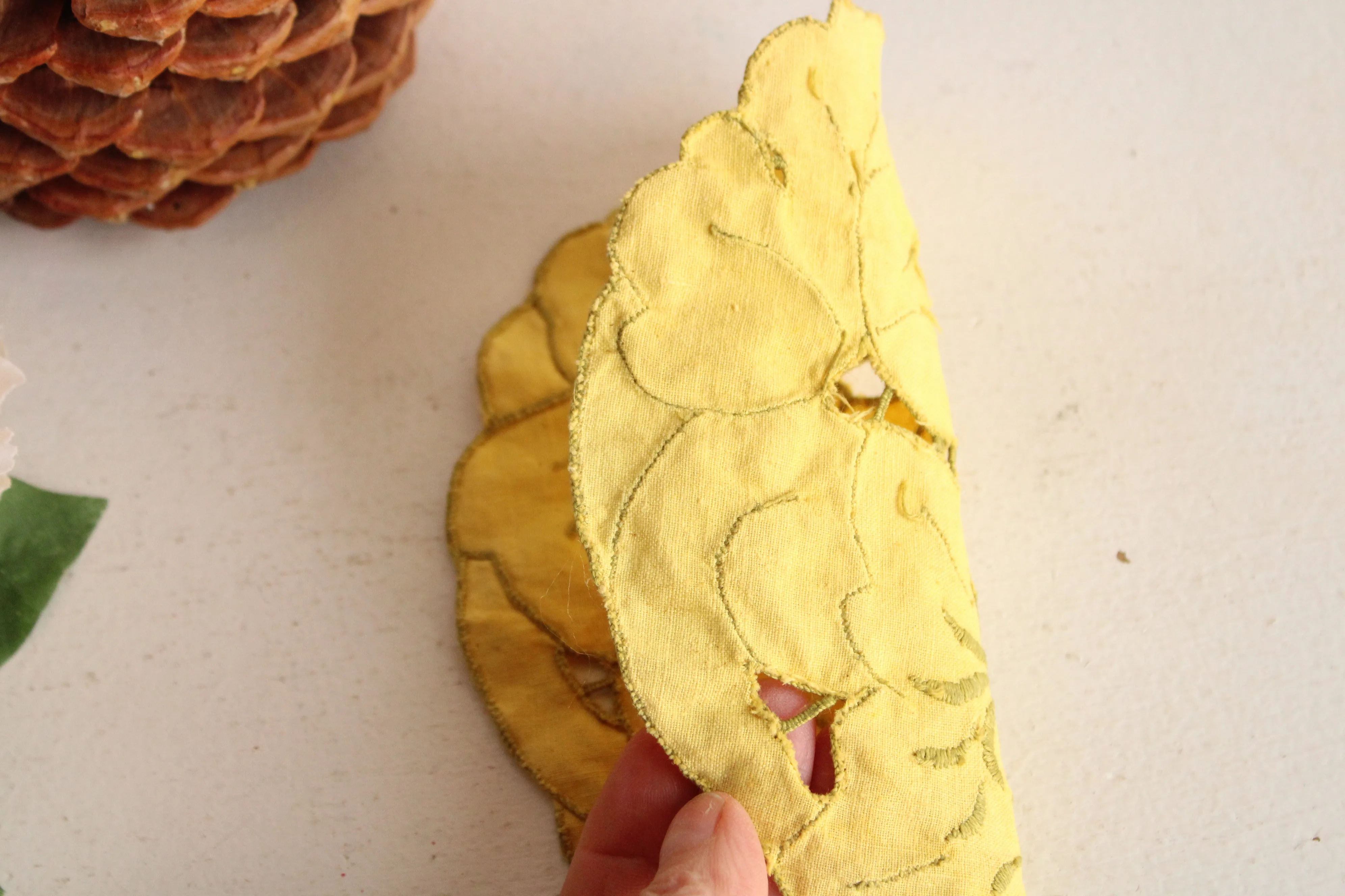 Set of Two Hand Plant Dyed Vintage Doilies in Sunny Yellow