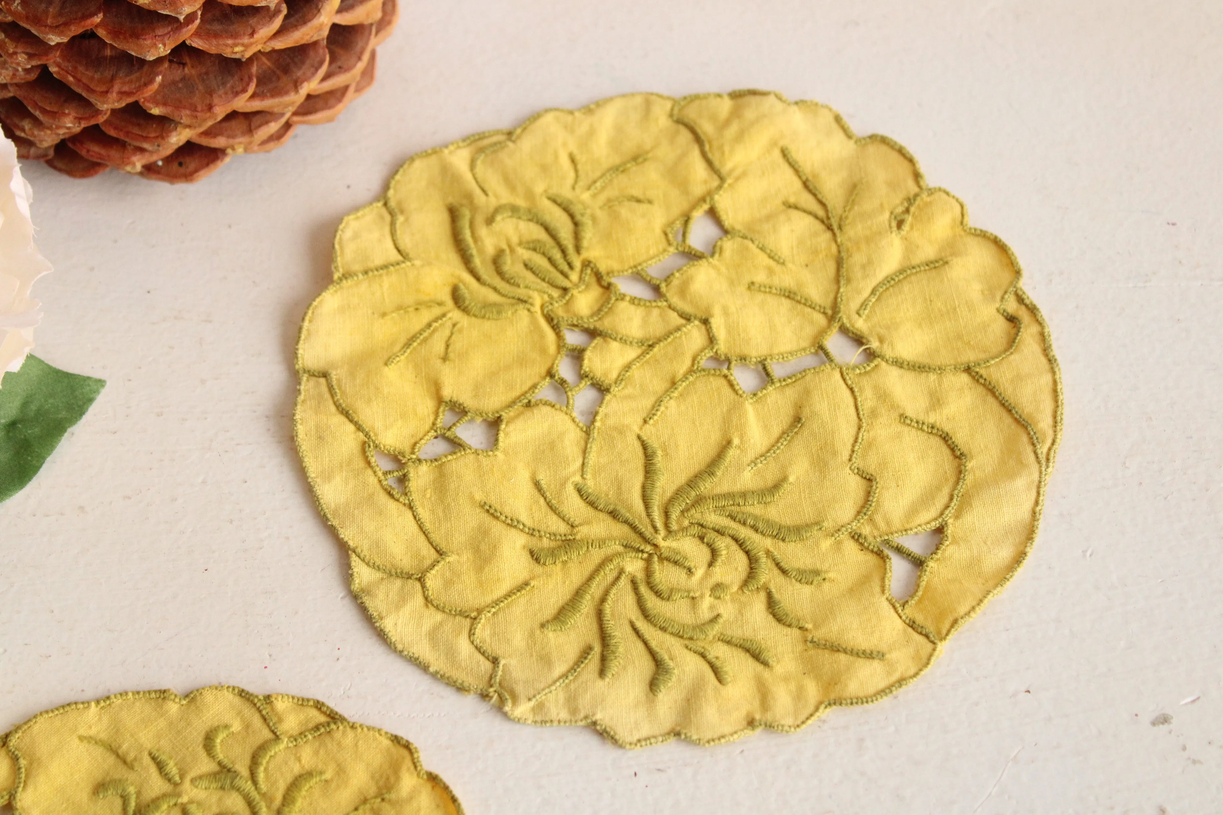 Set of Two Hand Plant Dyed Vintage Doilies in Sunny Yellow