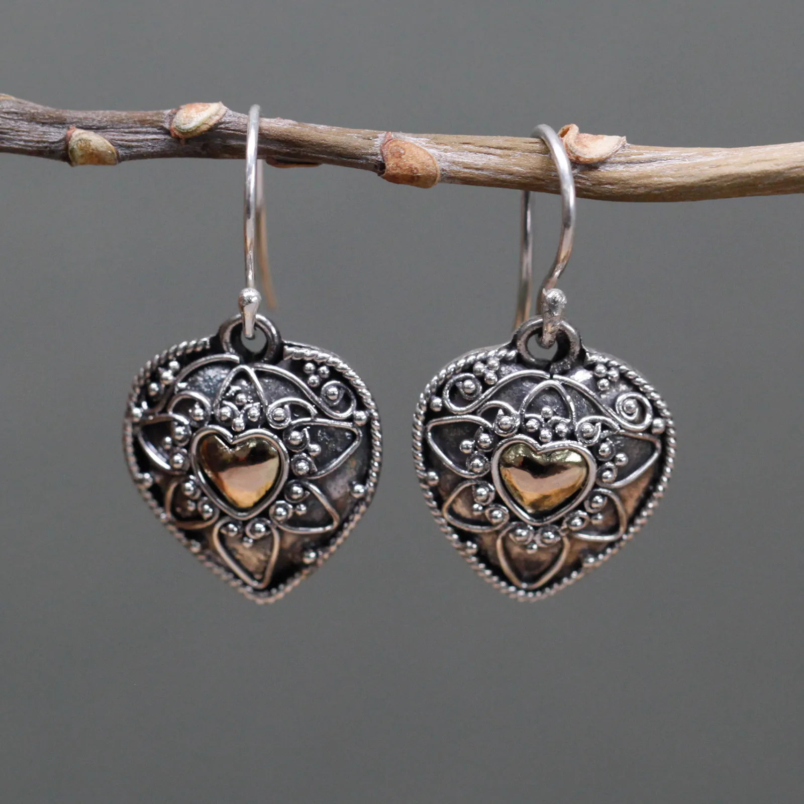 Silver & Gold Mandala Hearts Earrings – Ethically Sourced, Elegant, Exotic Jewelry