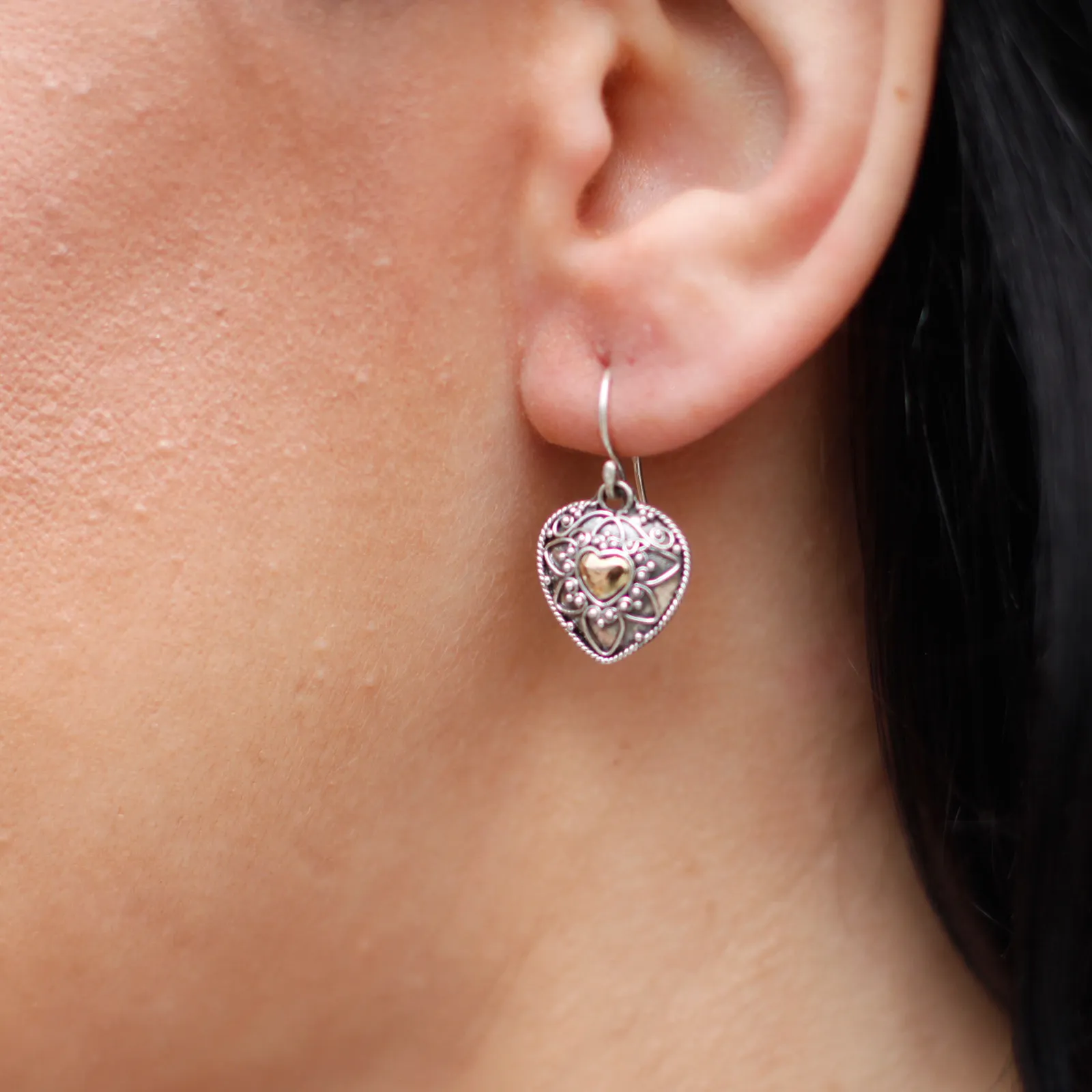 Silver & Gold Mandala Hearts Earrings – Ethically Sourced, Elegant, Exotic Jewelry