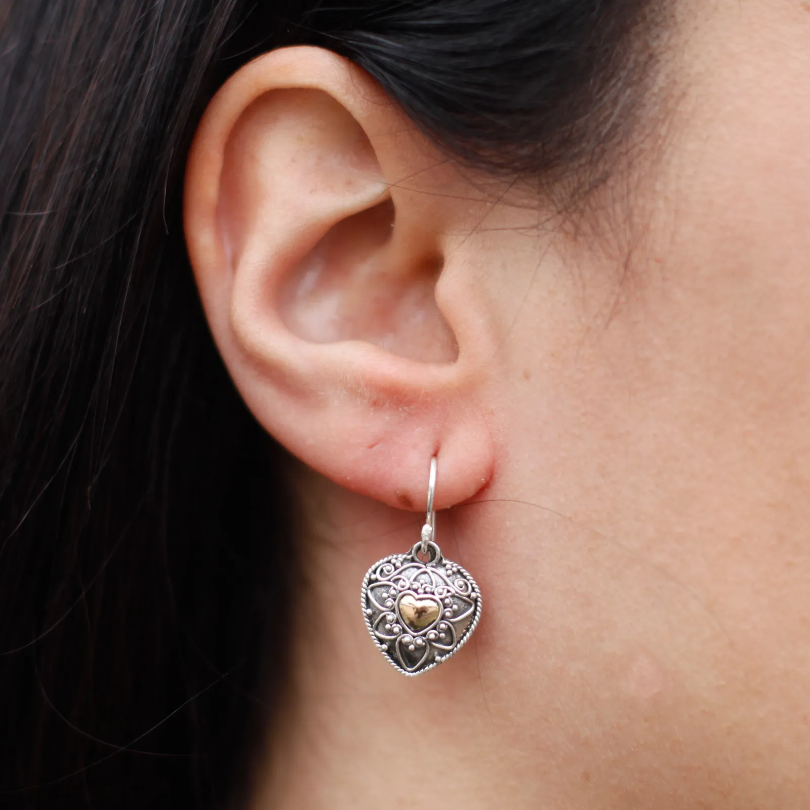 Silver & Gold Mandala Hearts Earrings – Ethically Sourced, Elegant, Exotic Jewelry