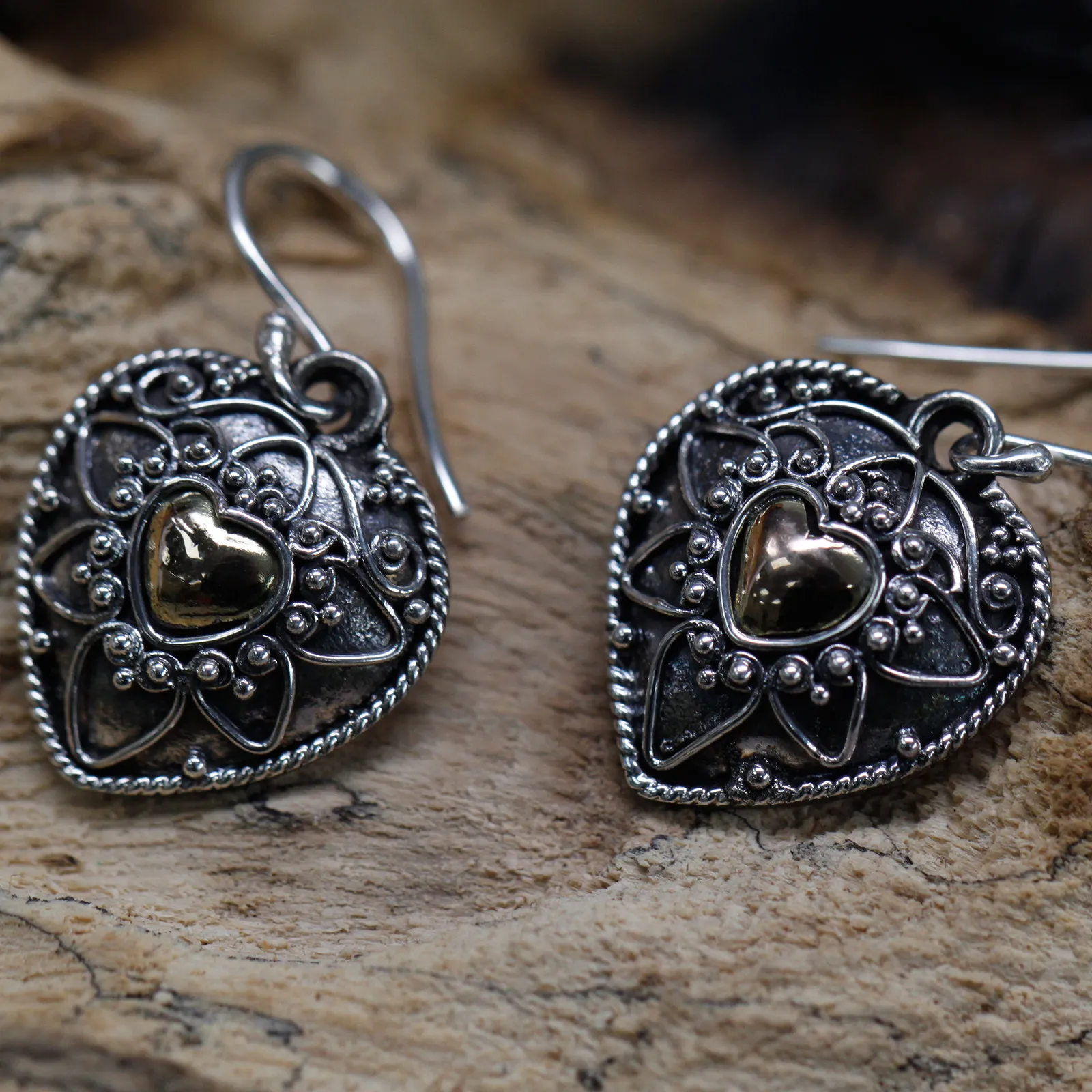 Silver & Gold Mandala Hearts Earrings – Ethically Sourced, Elegant, Exotic Jewelry