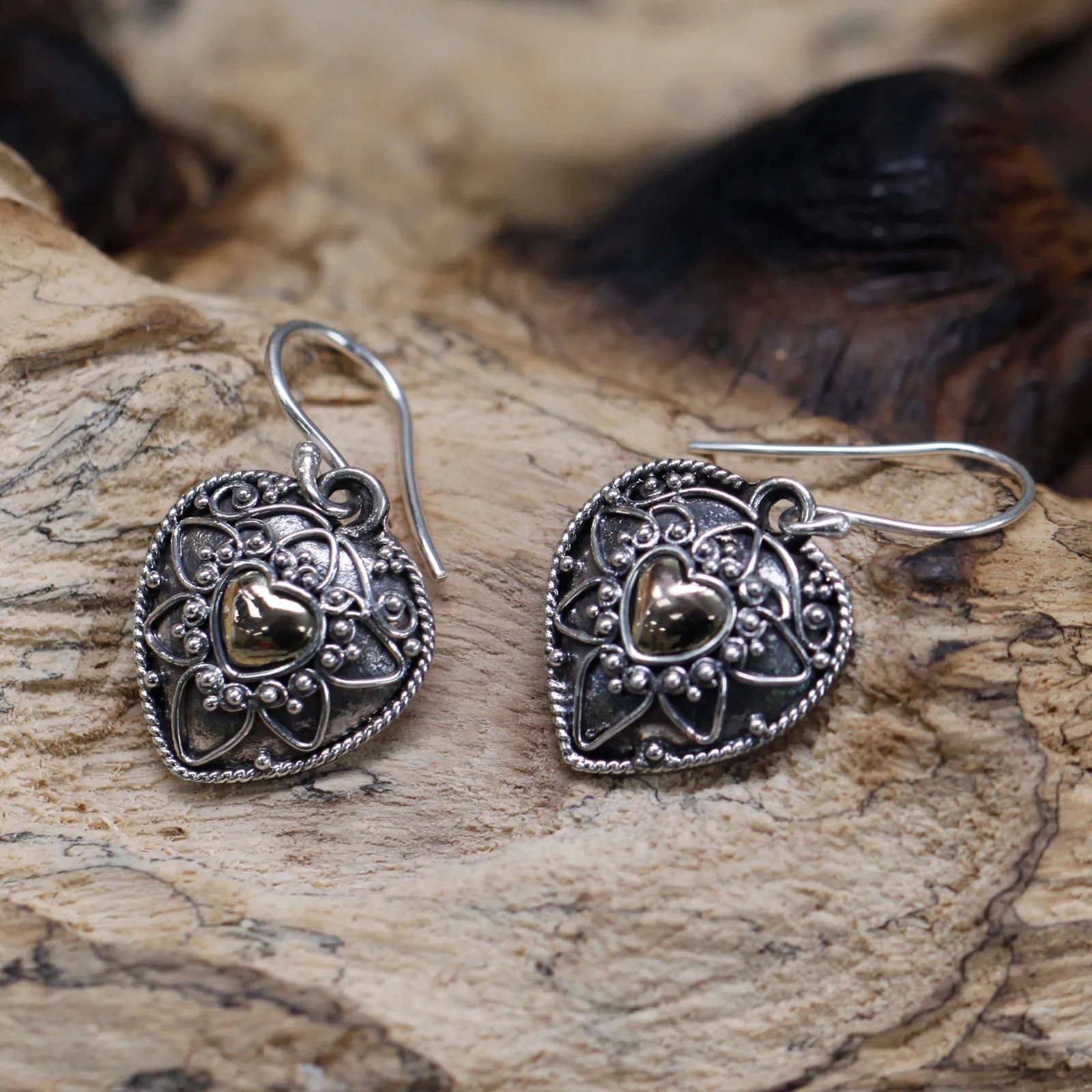 Silver & Gold Mandala Hearts Earrings – Ethically Sourced, Elegant, Exotic Jewelry