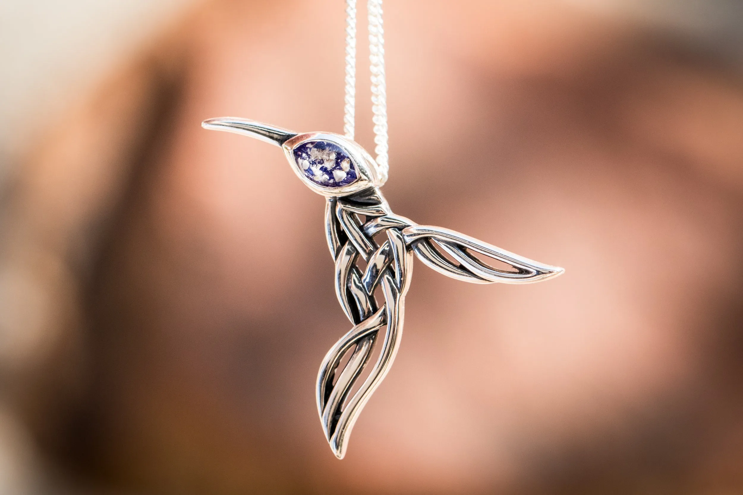 Silver Filigree Hummingbird Memorial Necklace with Cremation Ash
