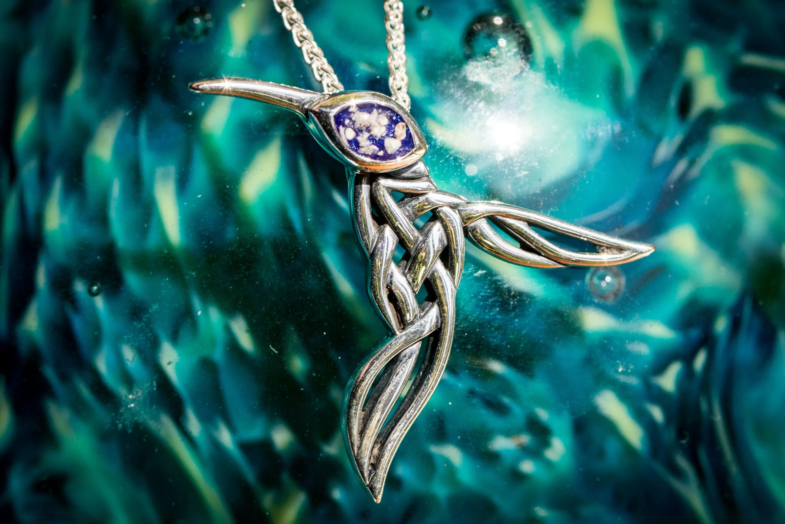 Silver Filigree Hummingbird Memorial Necklace with Cremation Ash