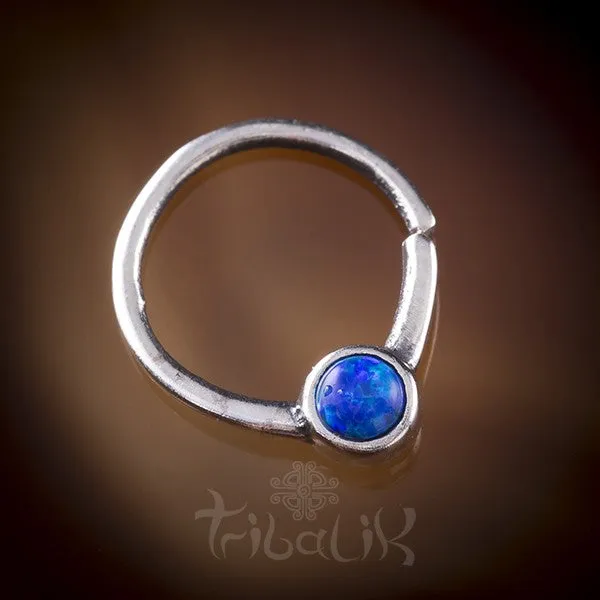 Silver Septum Ring For Pierced Nose Blue Opal Stone